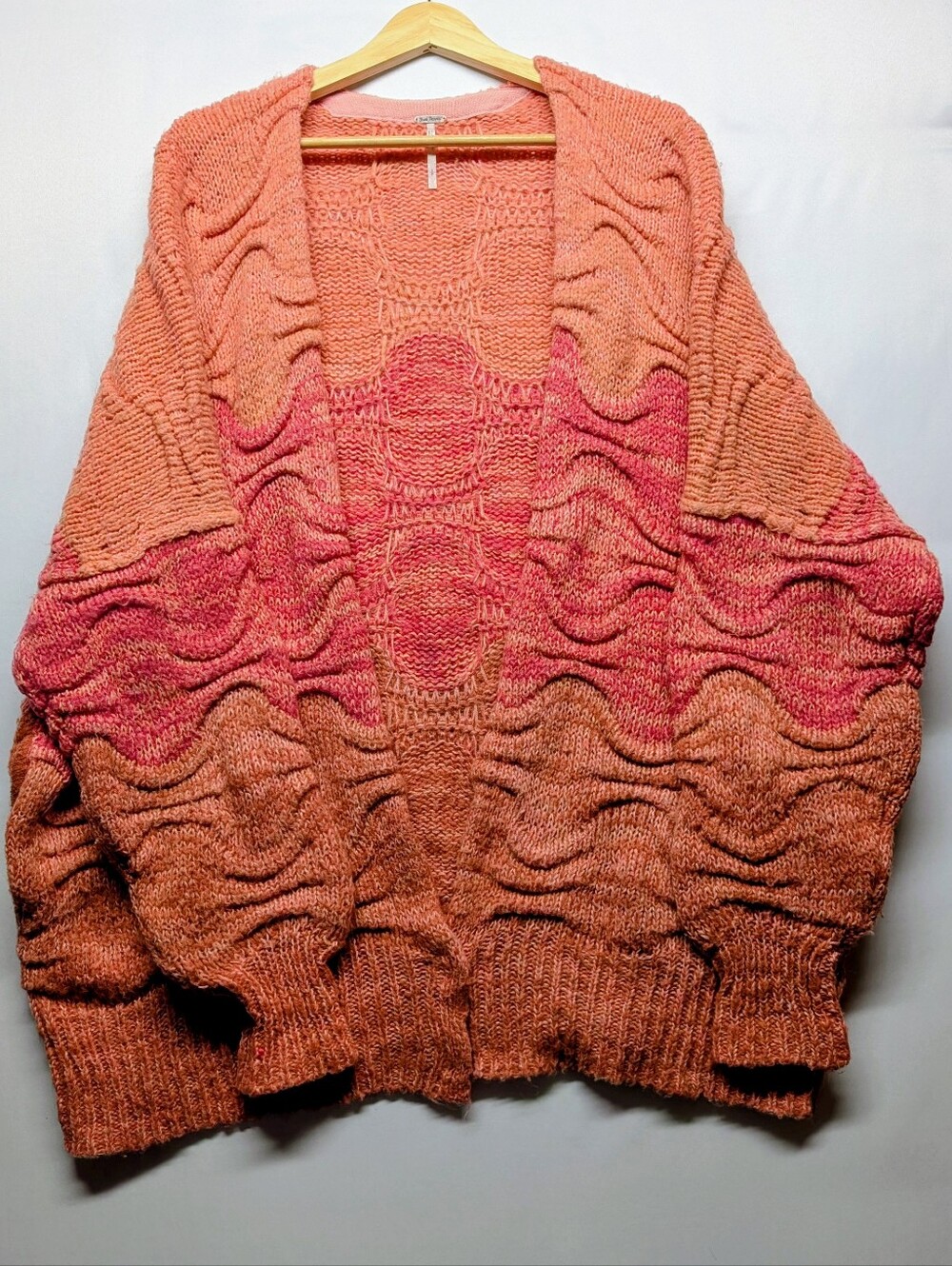 Free People Peach to Coral Ombre Chunky Open-Front Cardigan